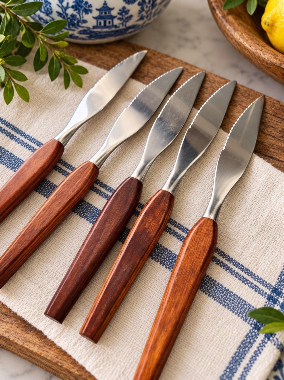 MCM Wood Handle Stainless Steel Steak Knife Set - Brown